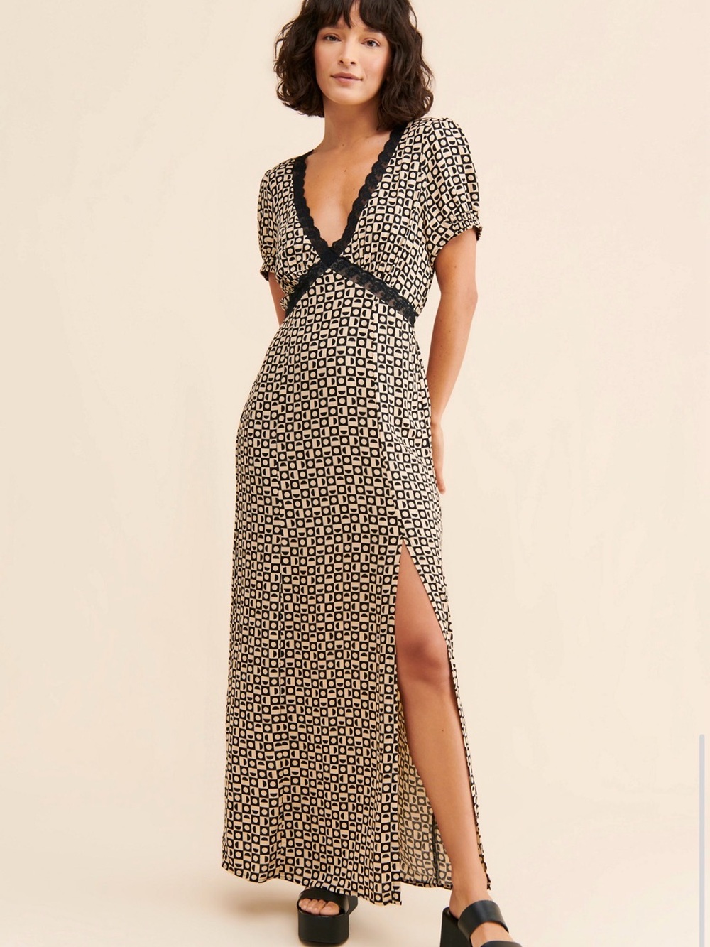 Marley Maxi Dress Black Cream Geometric Lace Trim Size Small